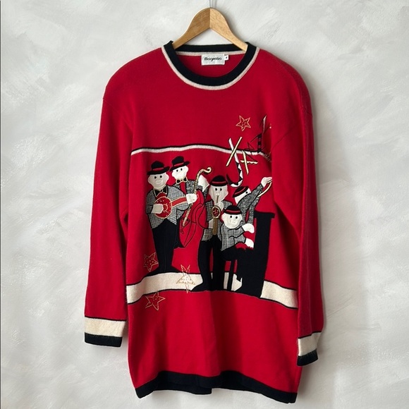 Vintage Christmas Jazz sweater lambswool angora embroidered beaded red black - Picture 1 of 11